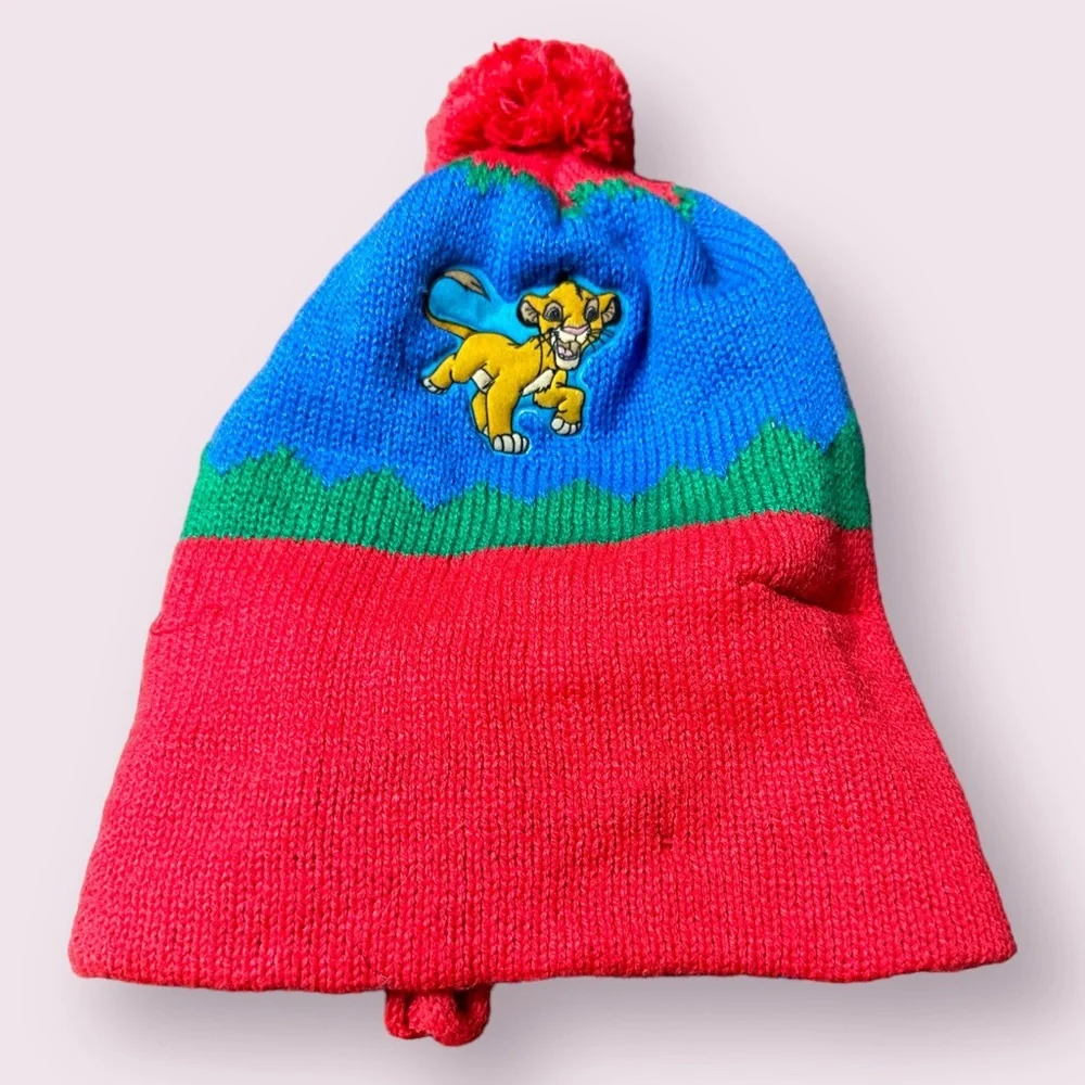 Vintage Toddler Disney Lion King Simba Red Blue Green Pom Pom Winter Knit Hat